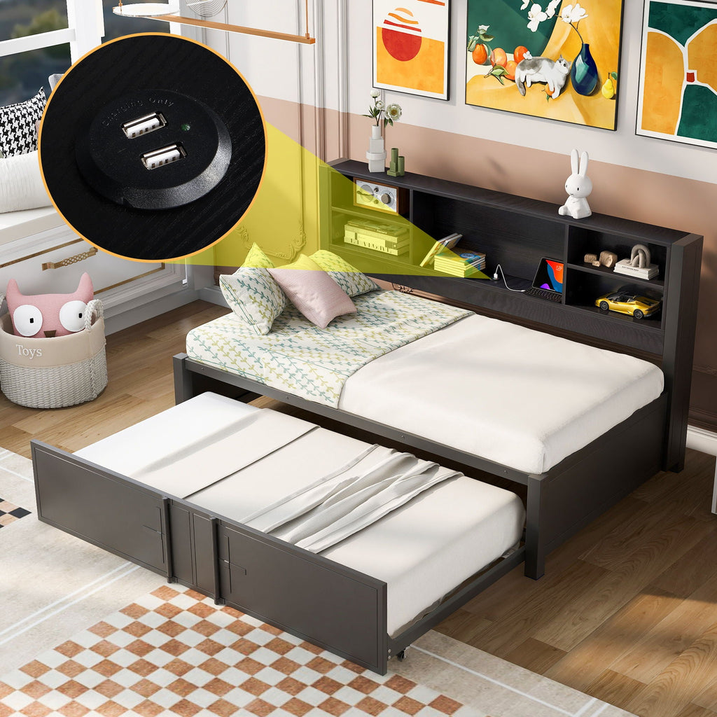 Industrial Metal Daybed With Trundle, Storage Shelves, USB Ports