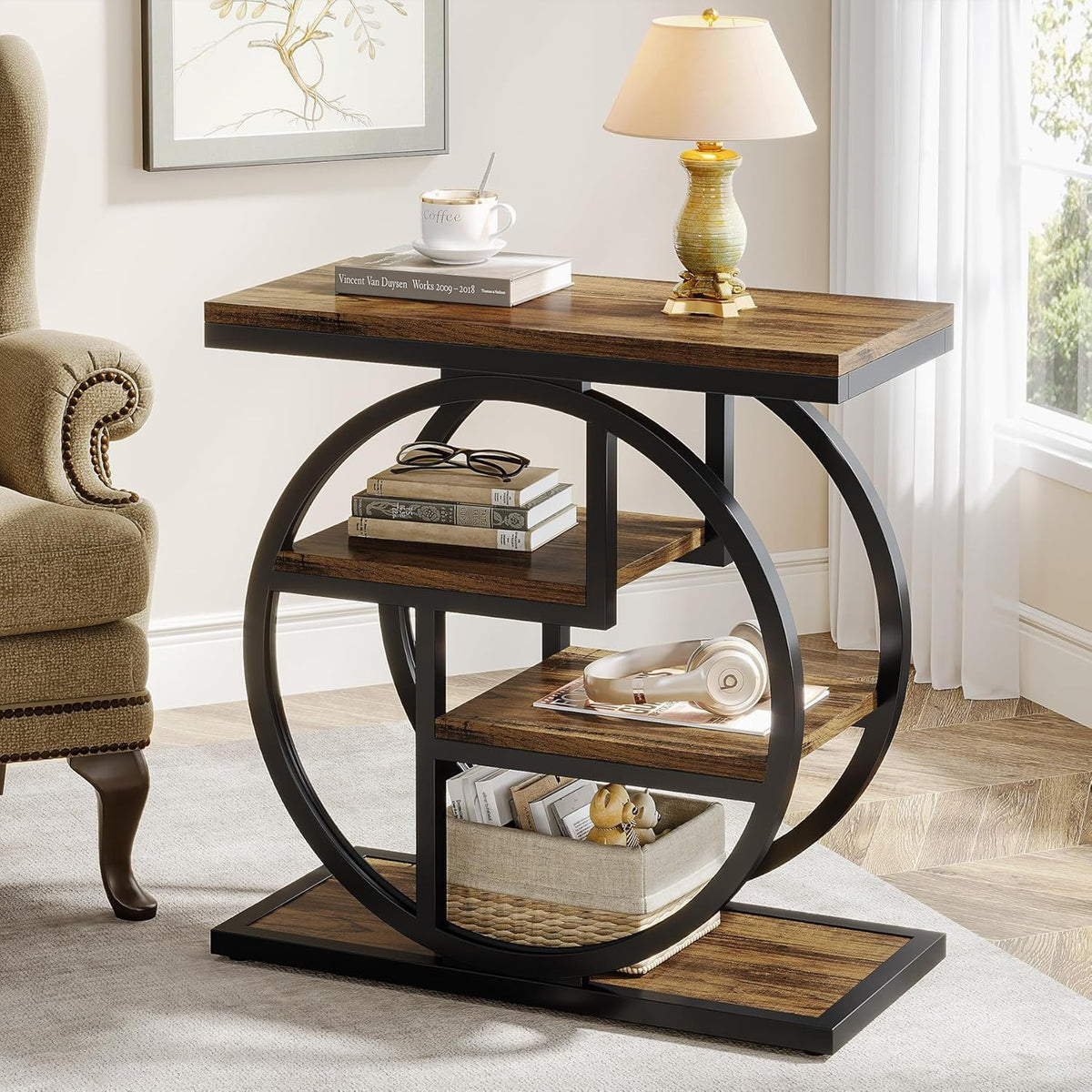 4 Tier Narrow End Table With Storage Shelves For Living Bedroom, Small Spaces - Rustic Brown
