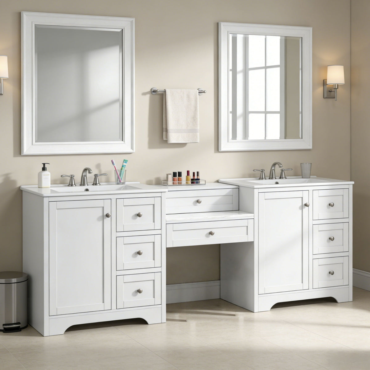 Double Sink Bathroom Vanity With Countertop, 2 Ceramic Sinks, 6 Drawers