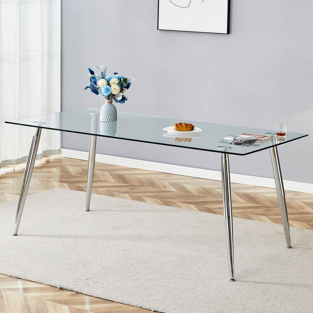 Modern Rectangular Glass Dining Table For 4-6 People With Tempered Glass Countertop