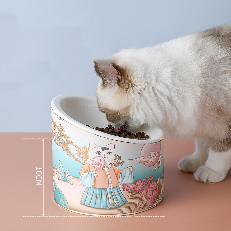 Chinese Style Ceramic Cat Bowl High Leg Double Bowl Oblique Mouth