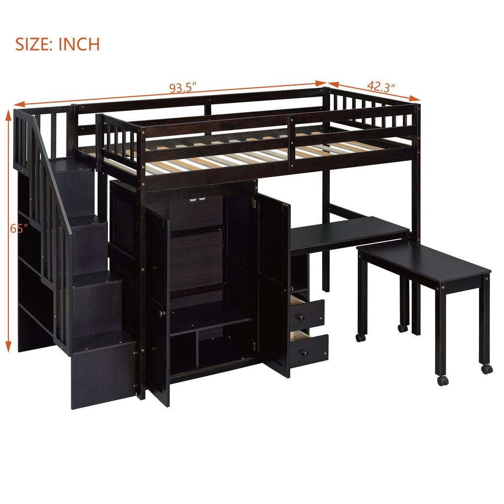 Loft Bed With Stairs, Bookshelf, Drawers, Desk & Wardrobe, Space Saving Multifunctional Furniture