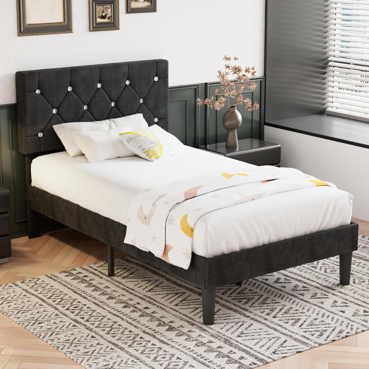 Twin Size Bed Frame, Upholstered Platform with Adjustable Diamond Tufted Headboard, Wood Slat Support, No Box Spring Needed, Velvet & Black