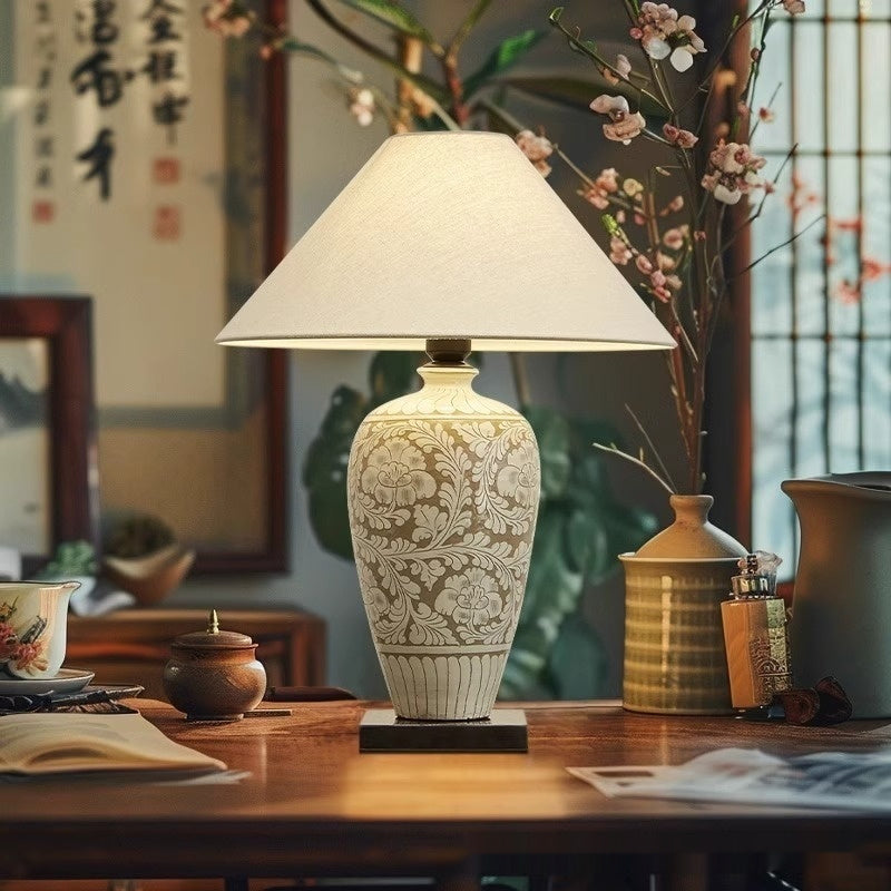 Japanese Ceramic Table Lamp with Fabric Shade