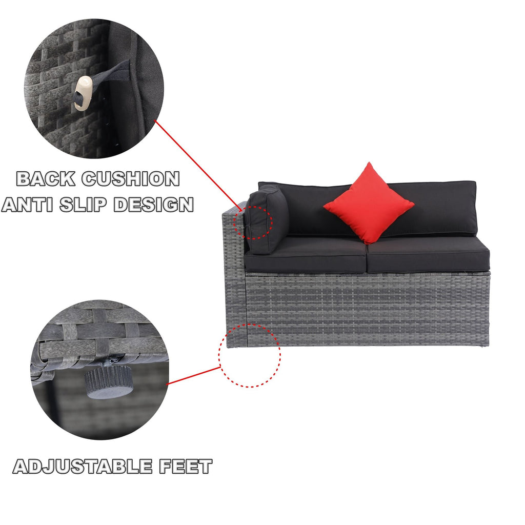 5 Pieces Rattan Sectional Outdoor Furniture Cushioned U Sof Set With 2 Pillow - Gray / Black