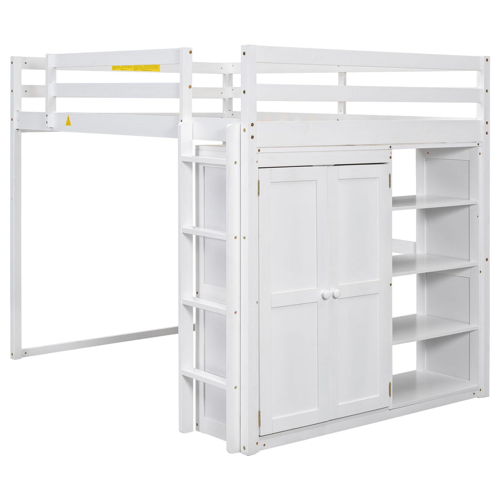 Loft Bed With Built In Wardrobe, Storage Shelves, And LED Light