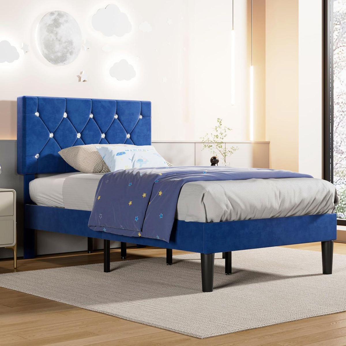 Twin Size Bed Frame, Upholstered Platform with Adjustable Diamond Tufted Headboard, Wood Slat Support, No Box Spring Needed, Navy Blue