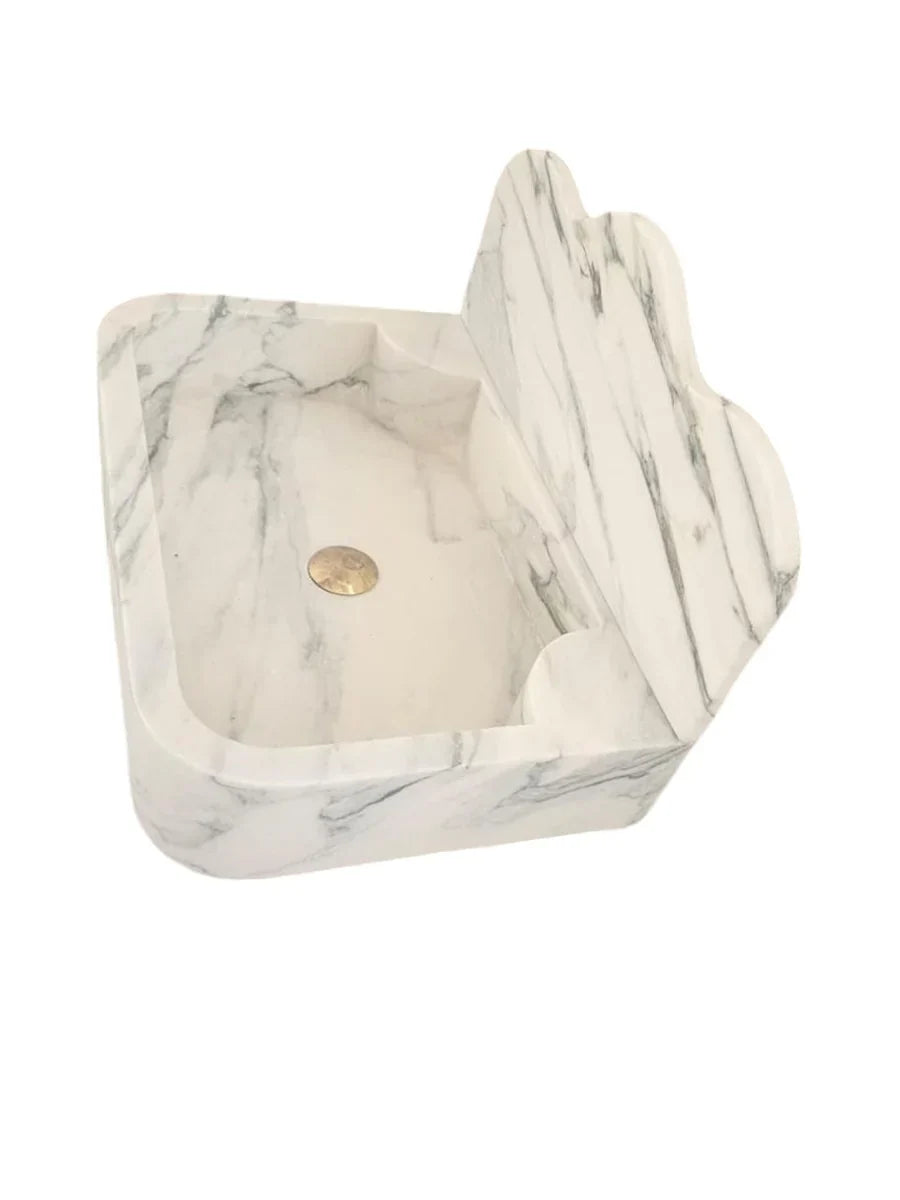Calacatta White Marble Wall-Mount Bathroom Sink with Arabesque Backsplash (W)16" (L)24" (H)5"