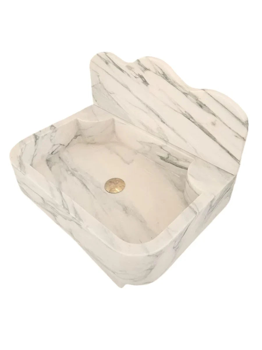 Calacatta White Marble Wall-Mount Bathroom Sink with Arabesque Backsplash (W)16" (L)24" (H)5"