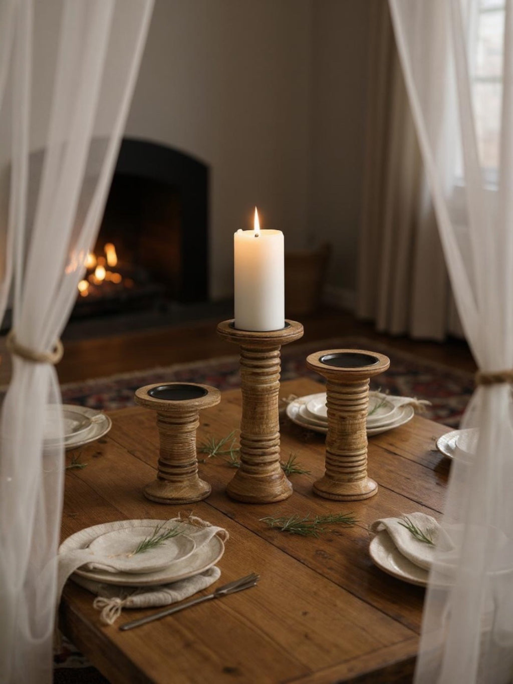 Ribbed Wooden Pillar Candle Holder | 3 Sizes