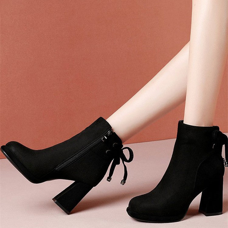 Women's Suede Chunky Heel Ankle Boots – Round Toe Back Zip