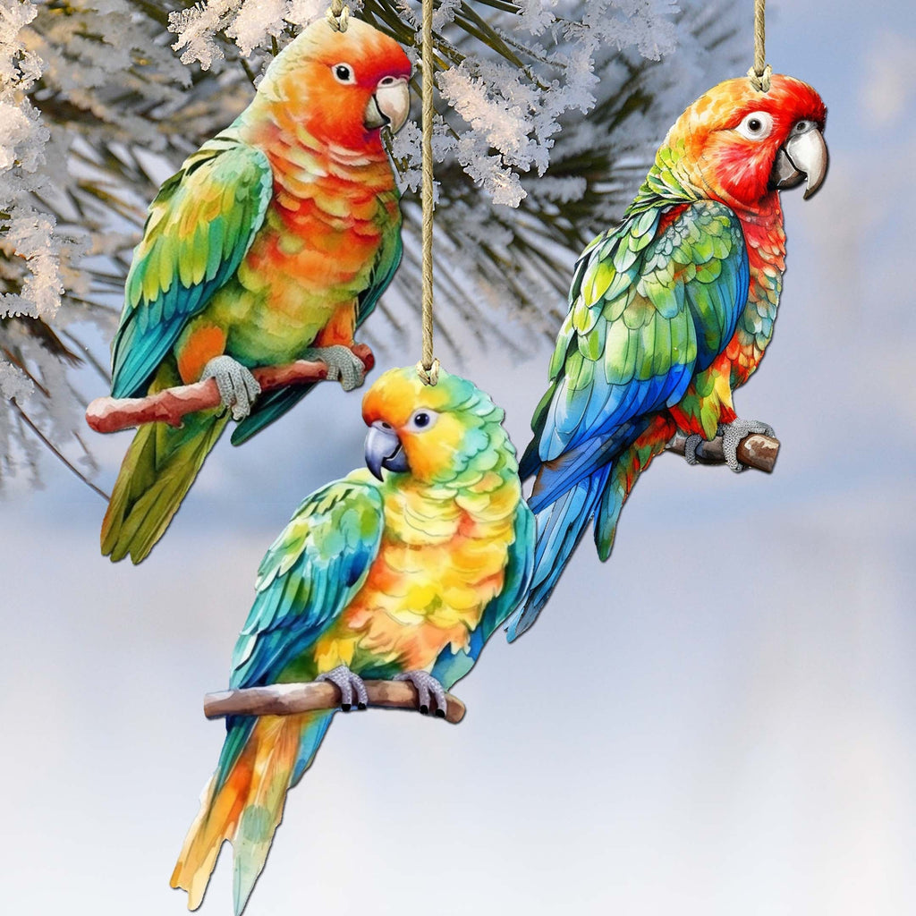 Parrots Decorative Wooden Ornaments of 3 by G. Debrekht - Wildlife Decor - 8091013-S3