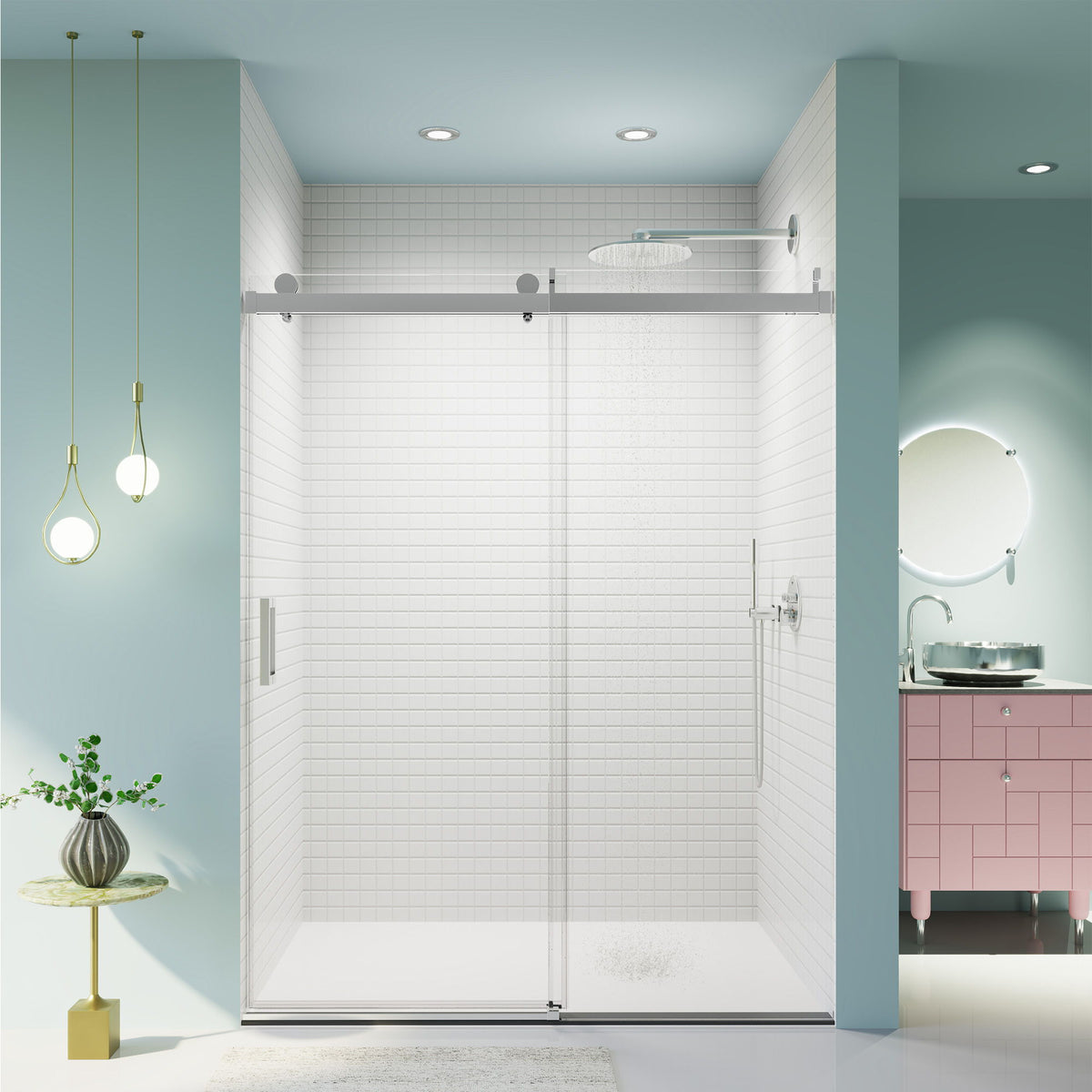 Frameless Single Sliding Soft Close Shower Doors, 3 / 8" Tempered Glass Reversible Installatio