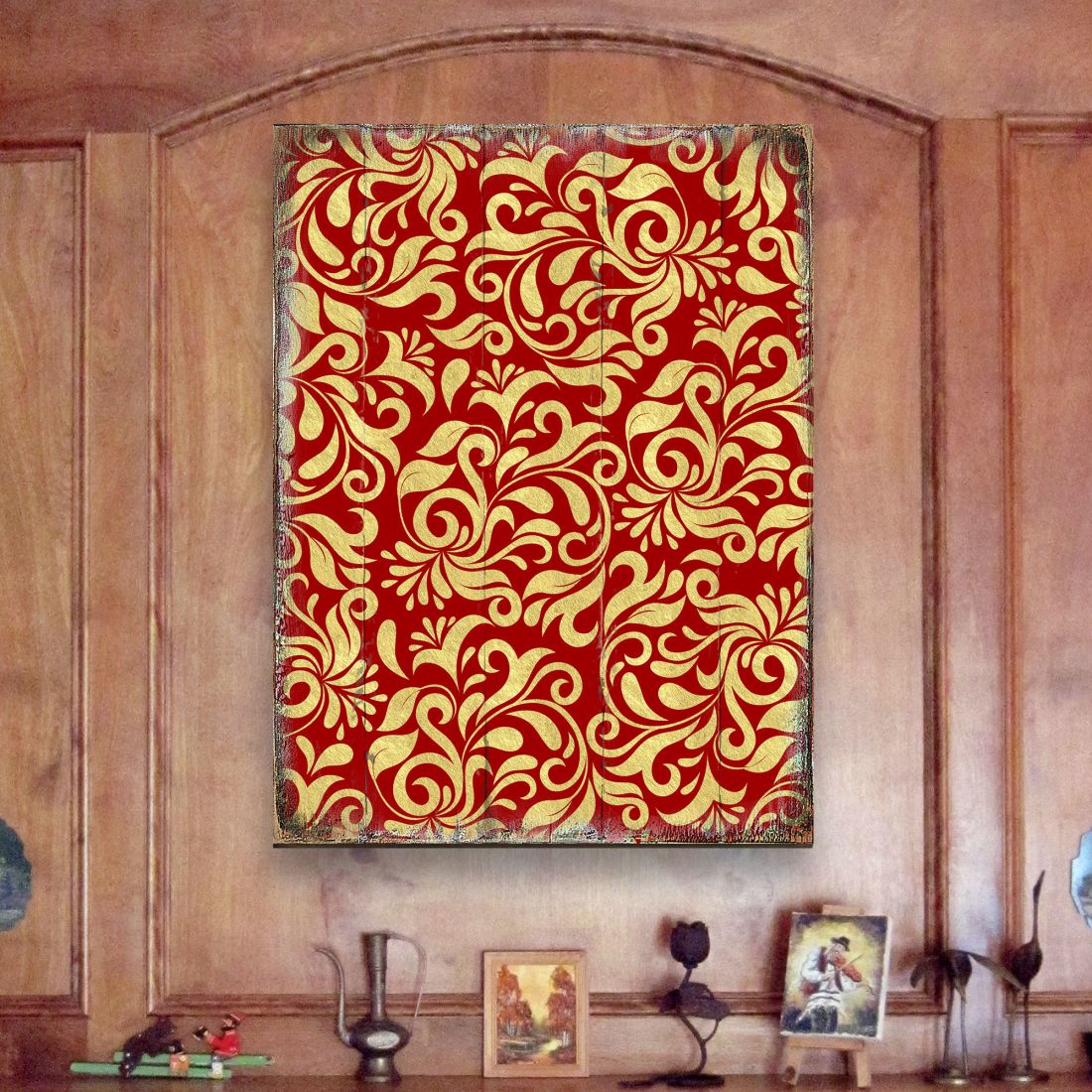 Red and Gold Floral Rustic Wooden Wall Art by G. DeBrekht - Floral Ornamental Decor - 95006B