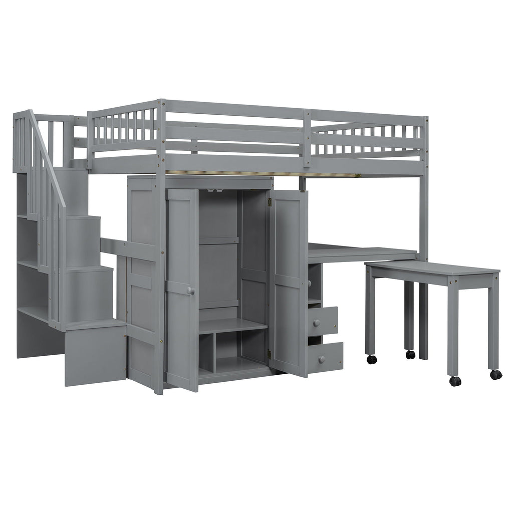 Loft Bed With Stairs, Bookshelf, Drawers, Desk & Wardrobe, Space Saving Multifunctional Furniture