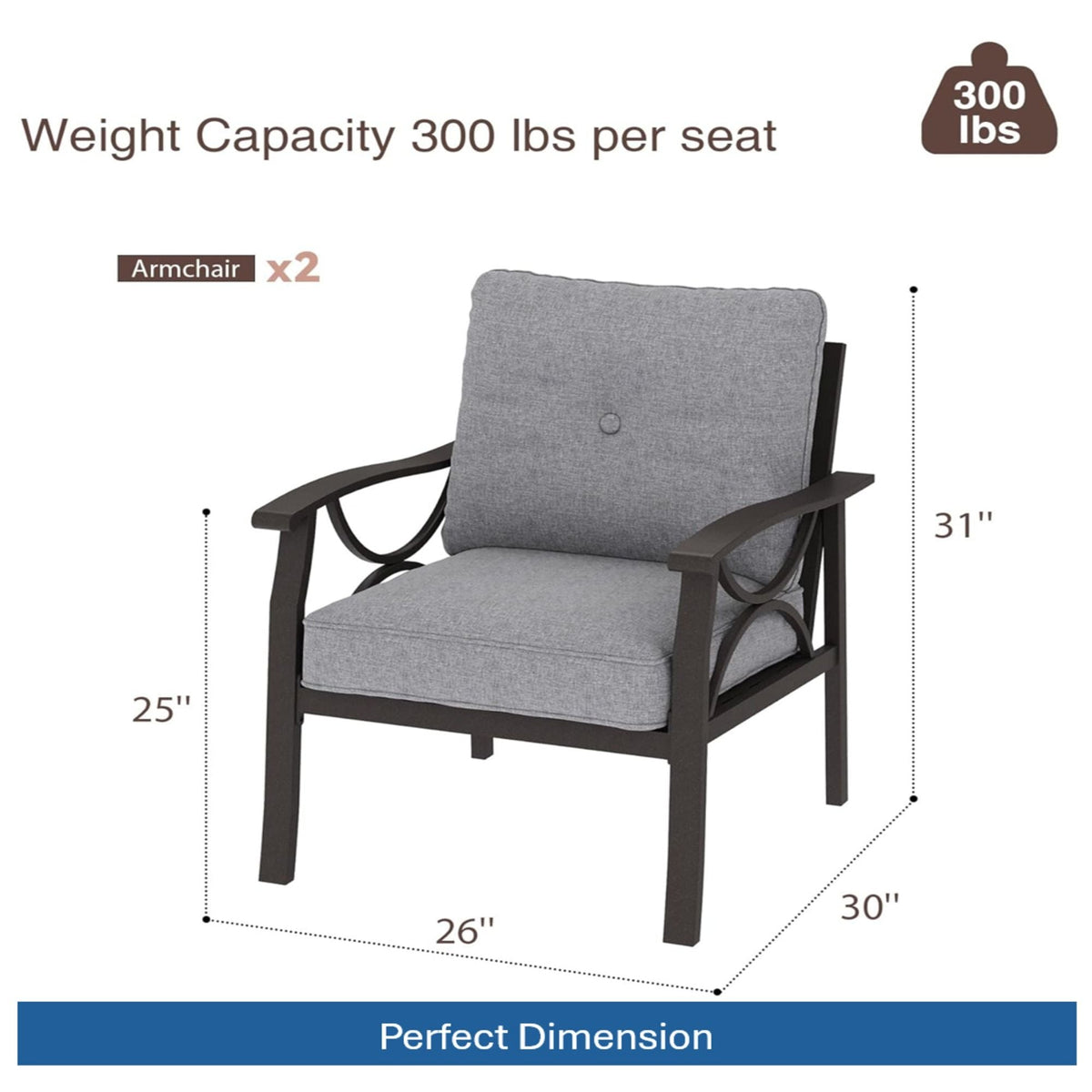 All Weather Armchairs With Cushions, Sculptural Design (Set of 2) - Gray / Khaki