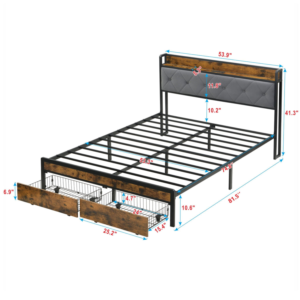Modern Bed Frame With LED Lights, Upholstered Headboard, USB Charging