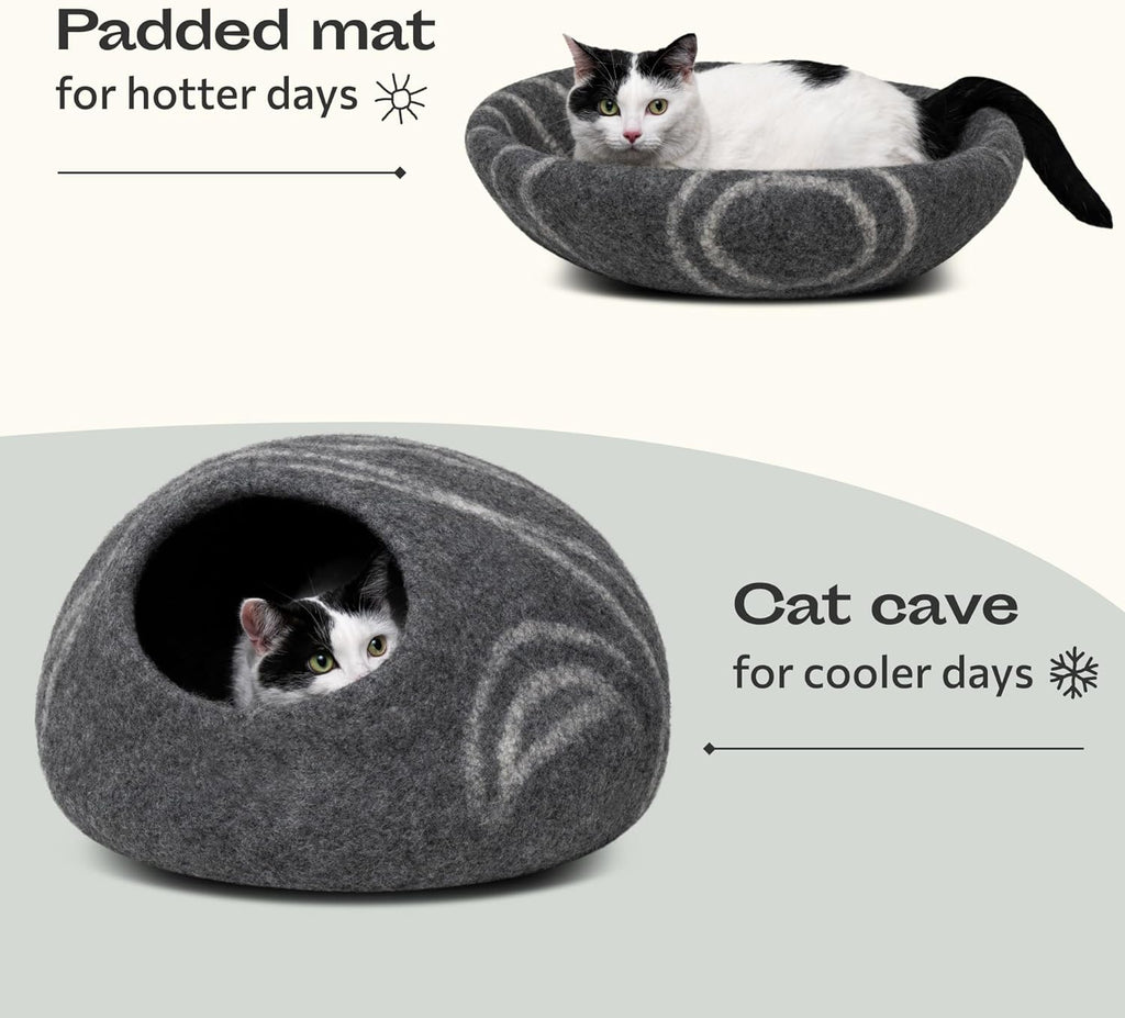 Cat Cave – Premium Felt Cat Bed for Indoor Cats, Handmade Merino Wool (Dark Gray, Medium)