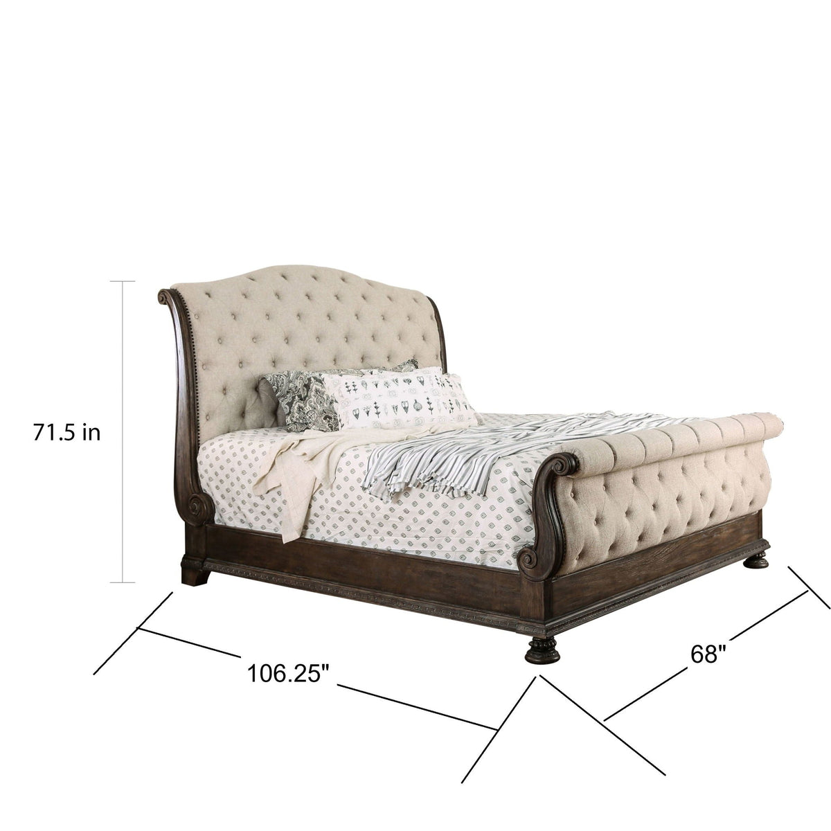 Sleigh Bed With Button Tufted Fabric Headboard And Footboard
