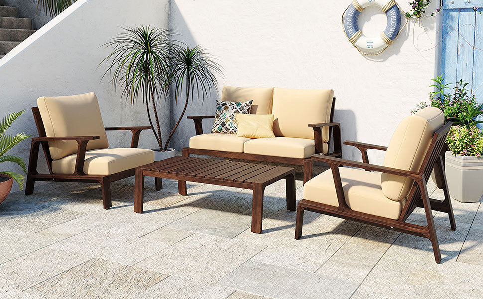 4 Pieces Outdoor Sofa Set with Cushions and Coffee Table
