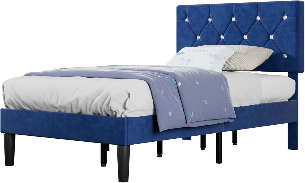 Twin Size Bed Frame, Upholstered Platform with Adjustable Diamond Tufted Headboard, Wood Slat Support, No Box Spring Needed, Navy Blue