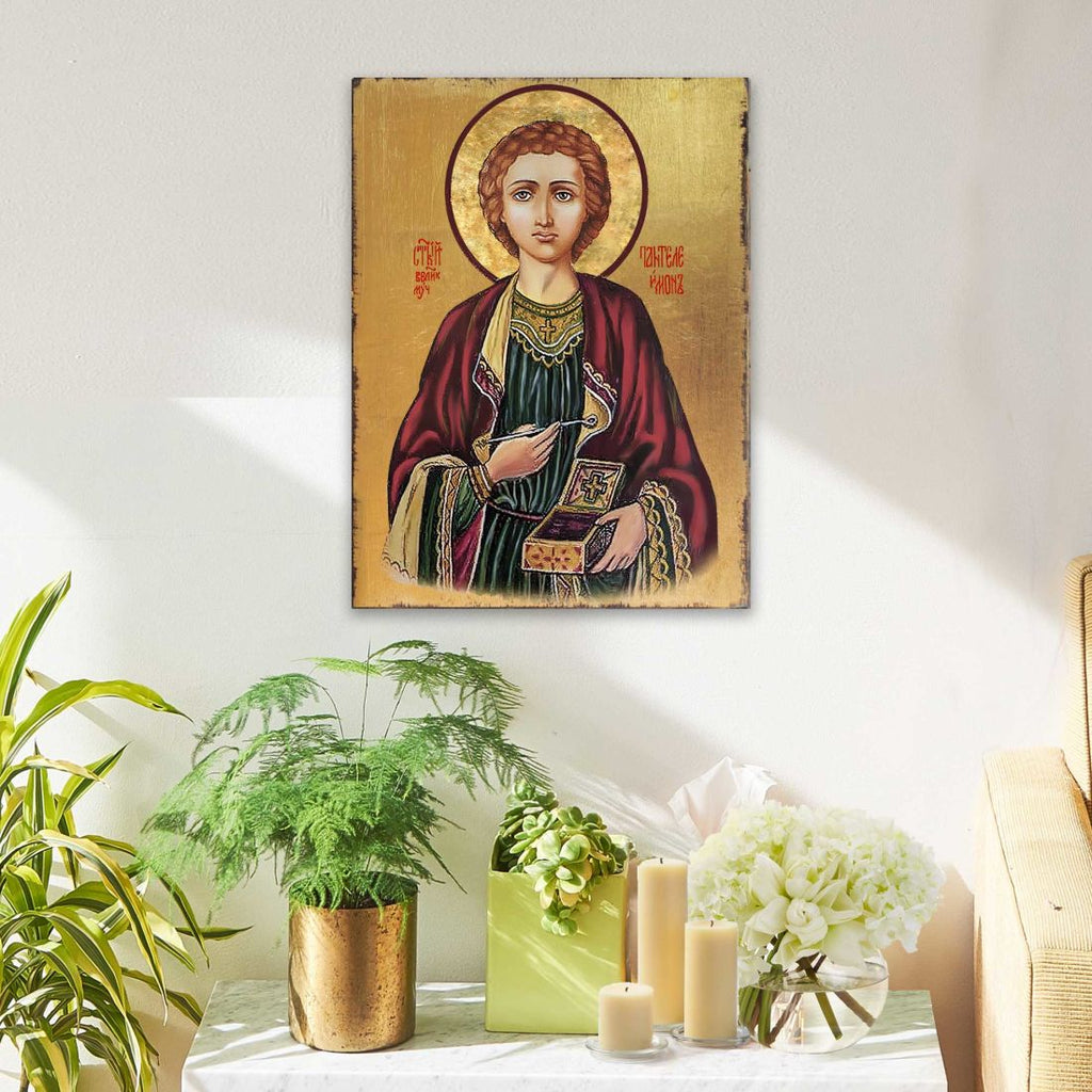 Saint Panteleimon Wooden Gold Plated Religious Orthodox Sacred Icon - Inspirational Icon Decor - 85023