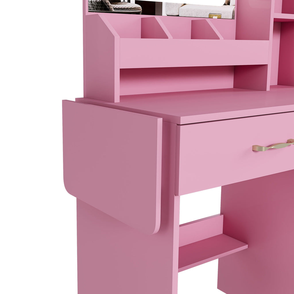 Vanity Desk With LED Mirror Lights And Power Outlet Charging Station, 3 Drawers, 7 Shelves, Storage Stool - Pink