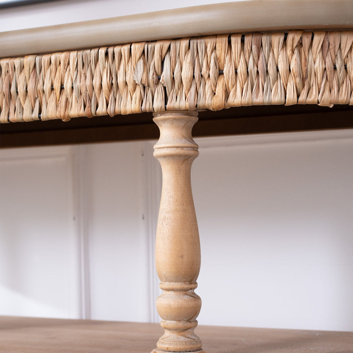 Handcrafted Console Table With Hand Woven Trim, 3 Tier Storage Shelves - Natural