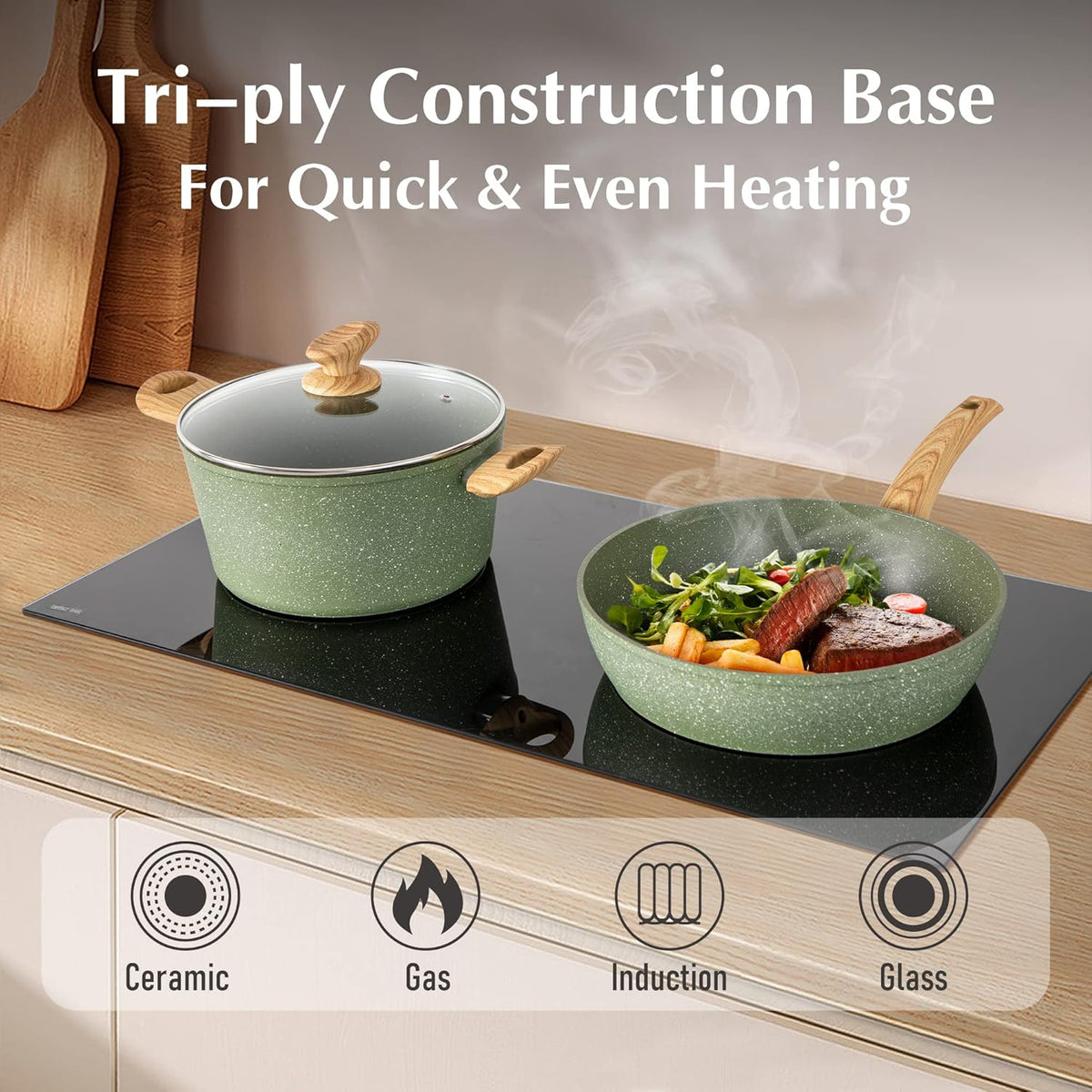 Pots and Pans Set Non Stick, 12 Piece Green Granite Kitchen Cookware Induction Compatible, Cooking Sets Pots and Pans Nonstick