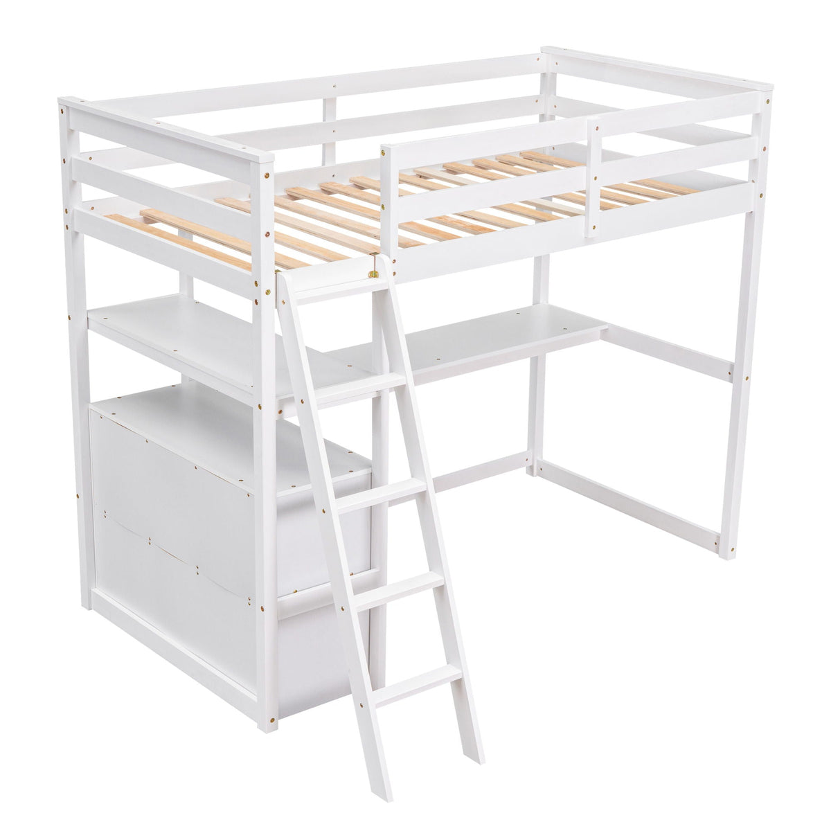 Modern Loft Bed With Built In Desk, Shelves, And 2 Drawers