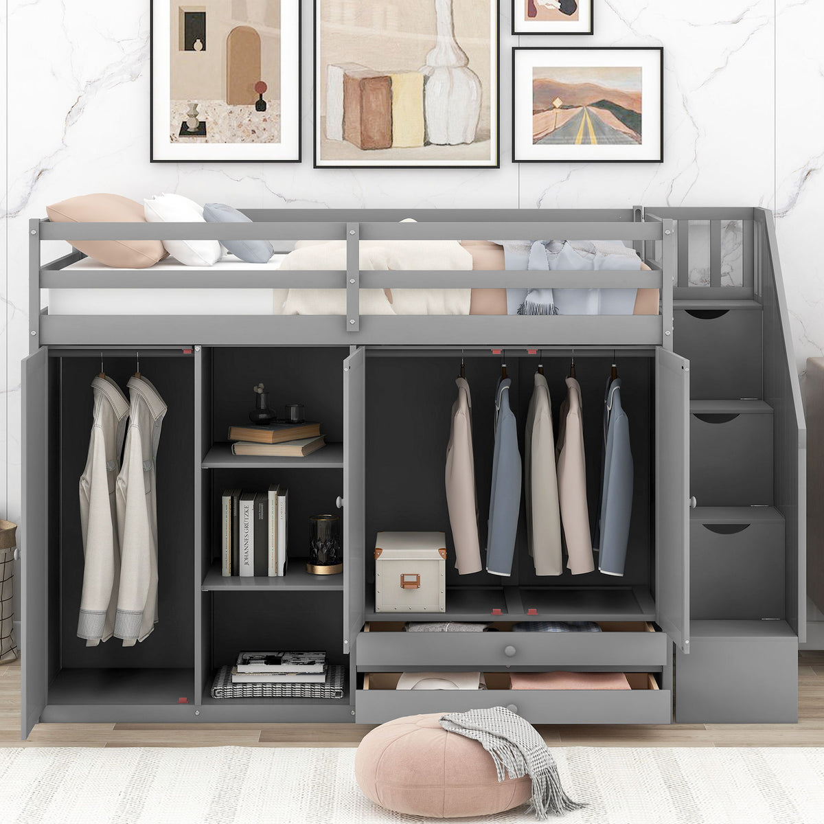 Loft Bed With 3 Shelves, 2 Wardrobes, 2 Drawers, Ladder Storage