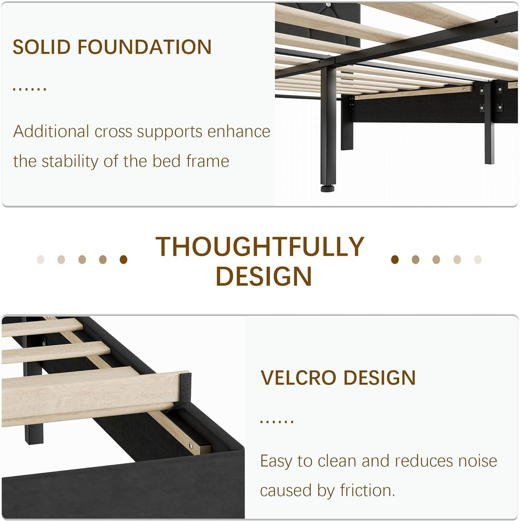 Twin Size Bed Frame, Upholstered Platform with Adjustable Diamond Tufted Headboard, Wood Slat Support, No Box Spring Needed, Velvet & Black