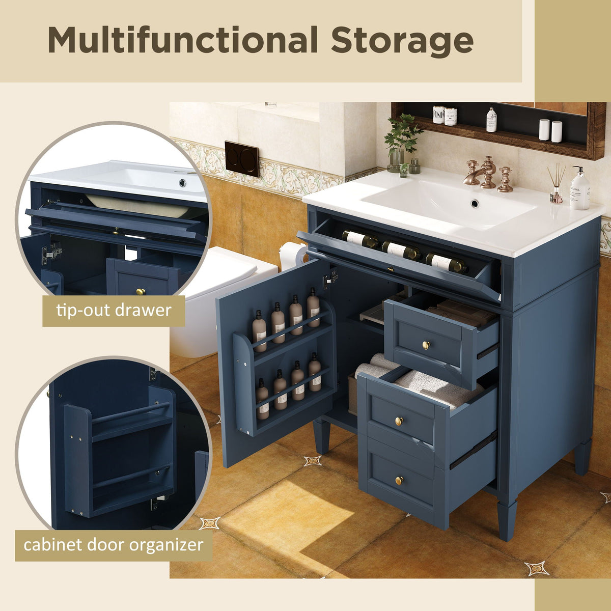 Bathroom Vanity With Top Sink, 2 Drawers & Tip Out Drawer