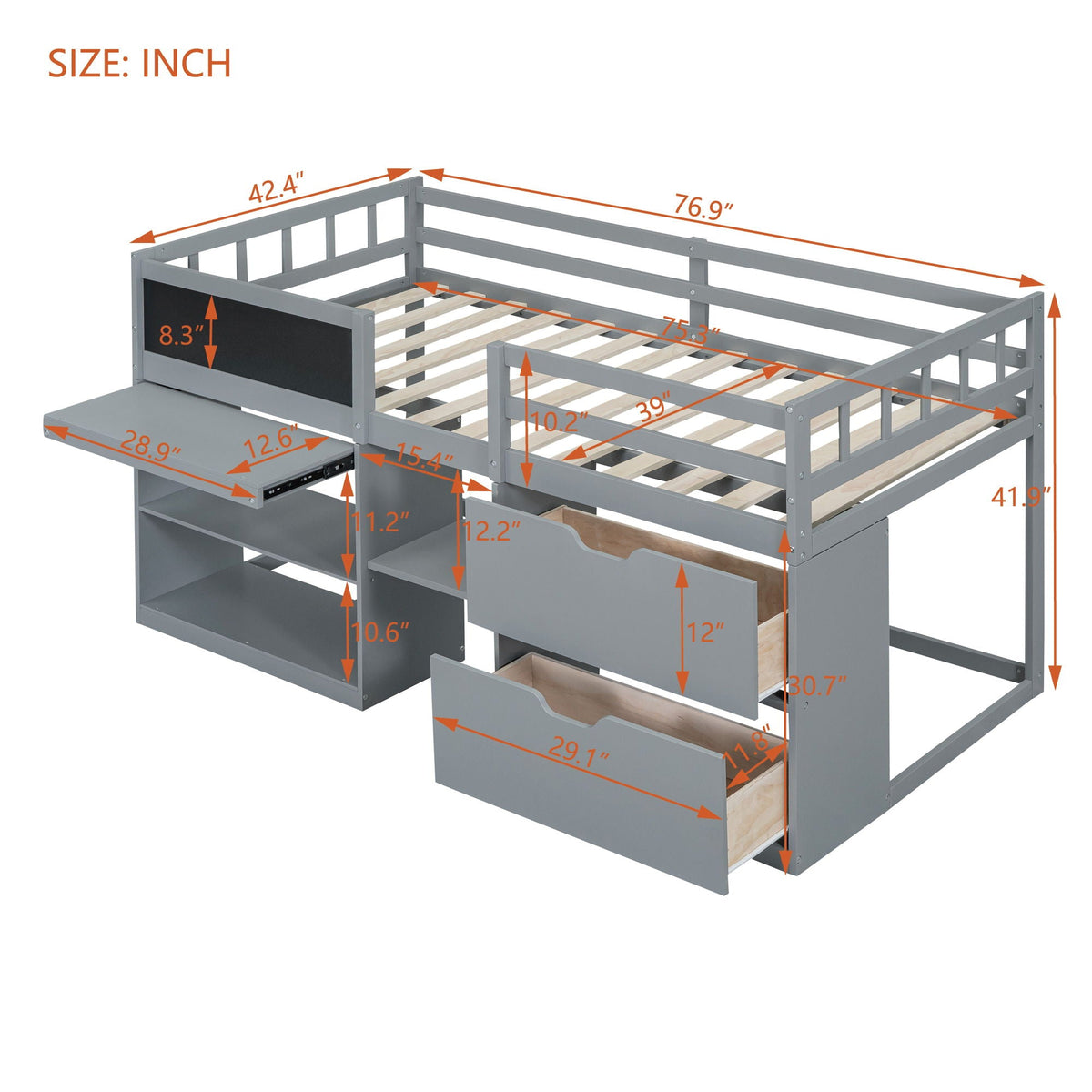 Low Loft Bed With Rolling Desk, Shelf And Drawers