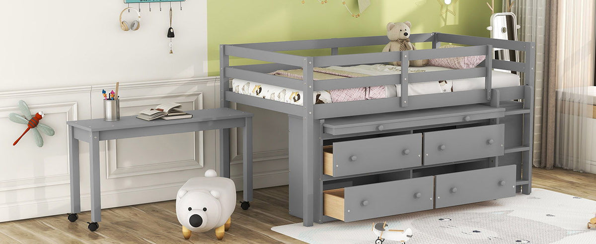 Loft Bed With Retractable Writing Desk And 4 Drawers, With Lateral Portable Desk And Shelves