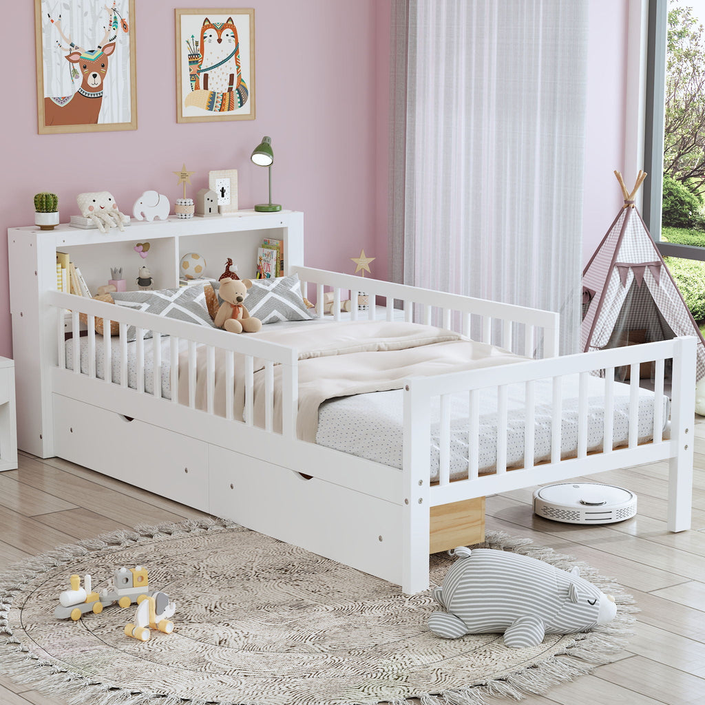 Bed With Headboard Storage Rack, 2 Under Bed Drawers, 3 Side Guardrails For Safety