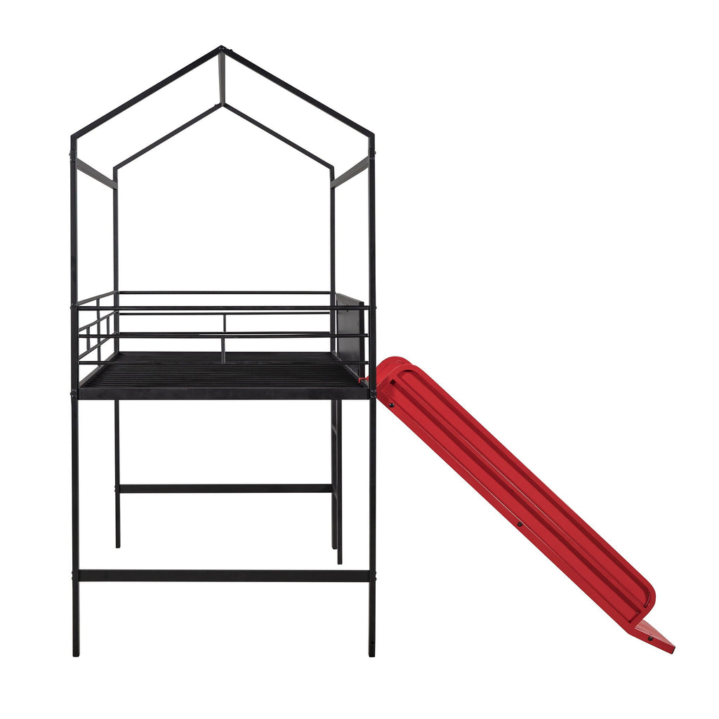 Twin Metal Loft Bed With Slide And 2 Sided Writable Wooden Board - Black