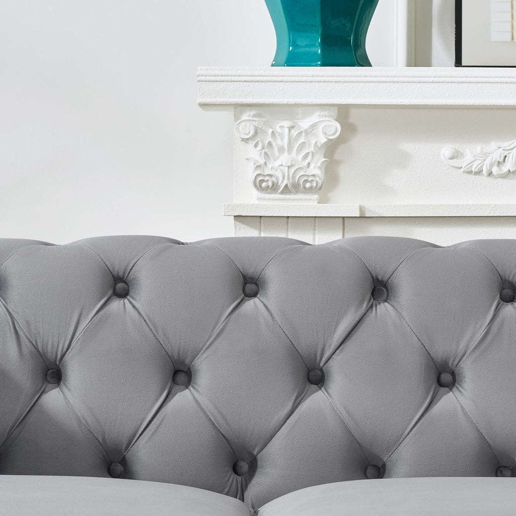 Chesterfield Upholstery Fabric Sofa With Roll Armrest & Nailhead, Mid Century Modern 3 And 3 Seater Couch