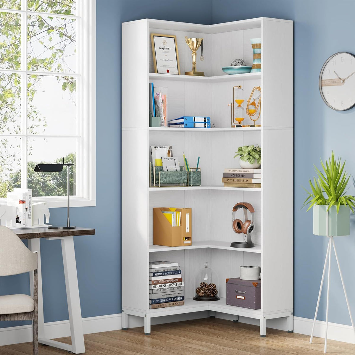 L-Shaped Bookcase, 5 Tier Freestanding Corner Bookshelf