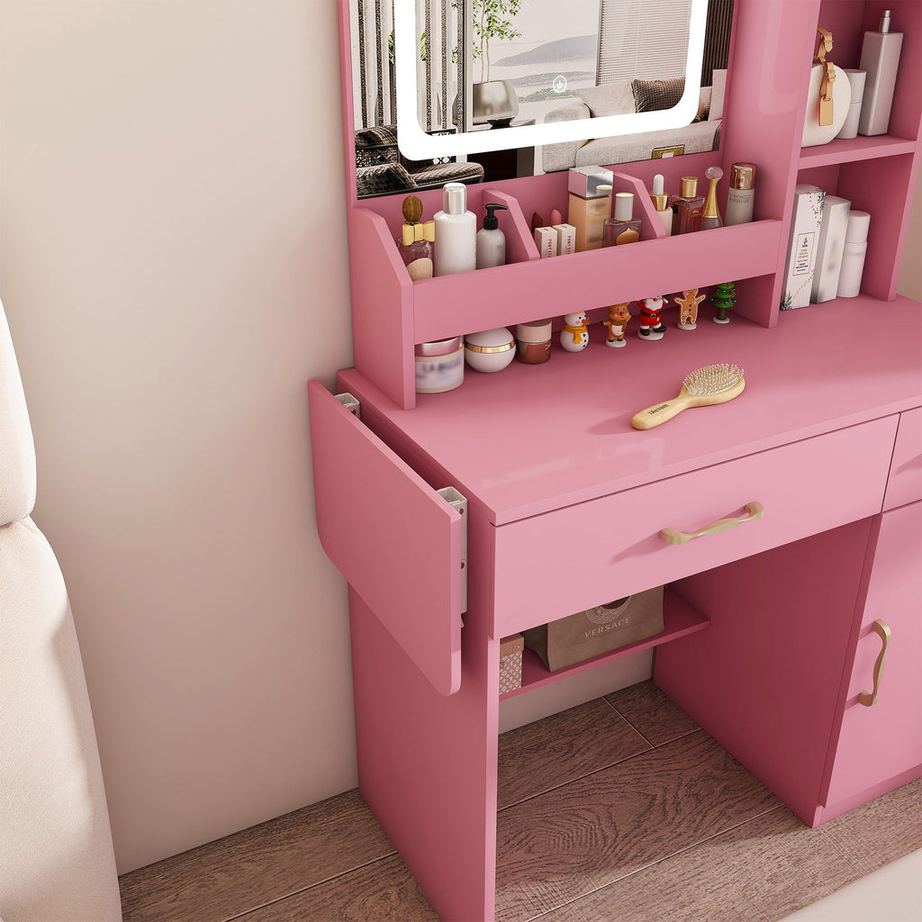 Vanity Desk With LED Mirror Lights And Power Outlet Charging Station, 3 Drawers, 7 Shelves, Storage Stool - Pink