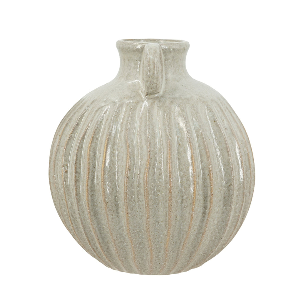 9x9x10' Decorative Round Ceramic Flower Vase with Small Handles and Textured Motif, Gold