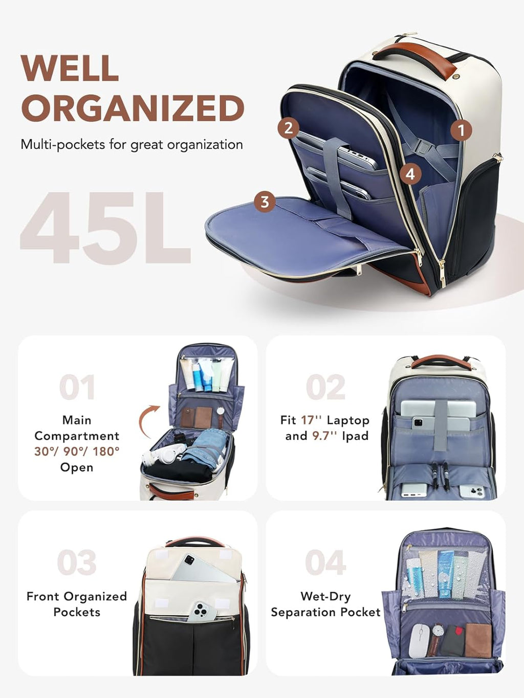 Rolling Backpack for Women, 22 Inch Carry on Luggage Suitcase Flight Approved, X Large Roller Travel Laptop Backpack with Wheels for Overnight Weekender Bussiness Work (Beige,Xl Carry on Size)