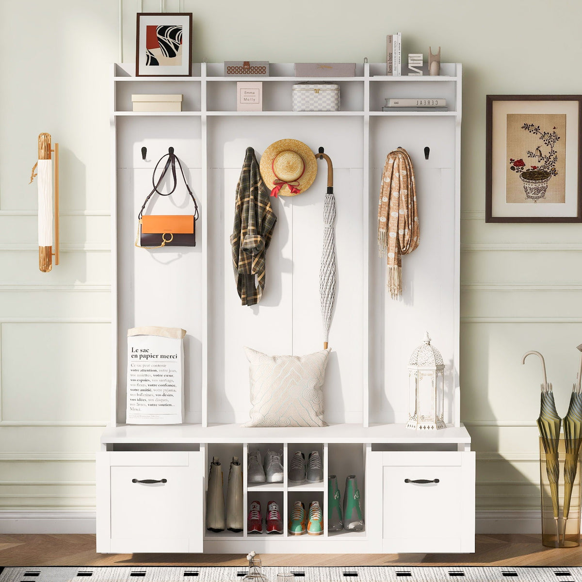 5 In 1 Entryway Bench With Coat Rack, 7 Sturdy Hooks, 2 Spacious Drawers And Adjustable Shelves