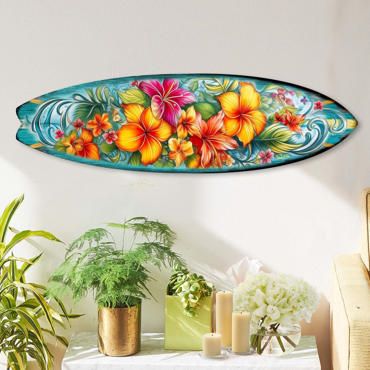 Hawaiian Flowers Surfboard Coastal Wall Art by G. DeBrekht - Coastal Holiday Decor - 8490121HS