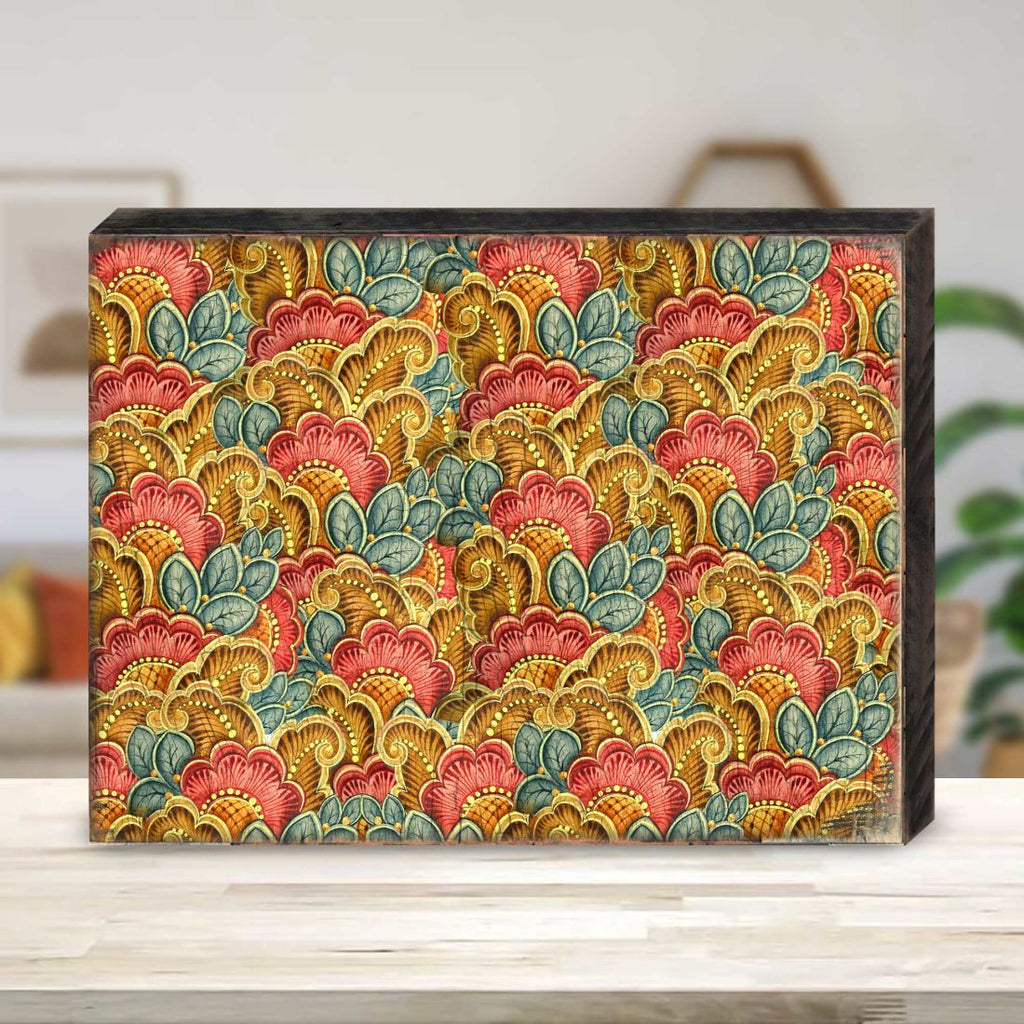 Gold Red Blue Floral Rustic Wall Block by G. DeBrekht - Floral Ornamental Decor - 95019B