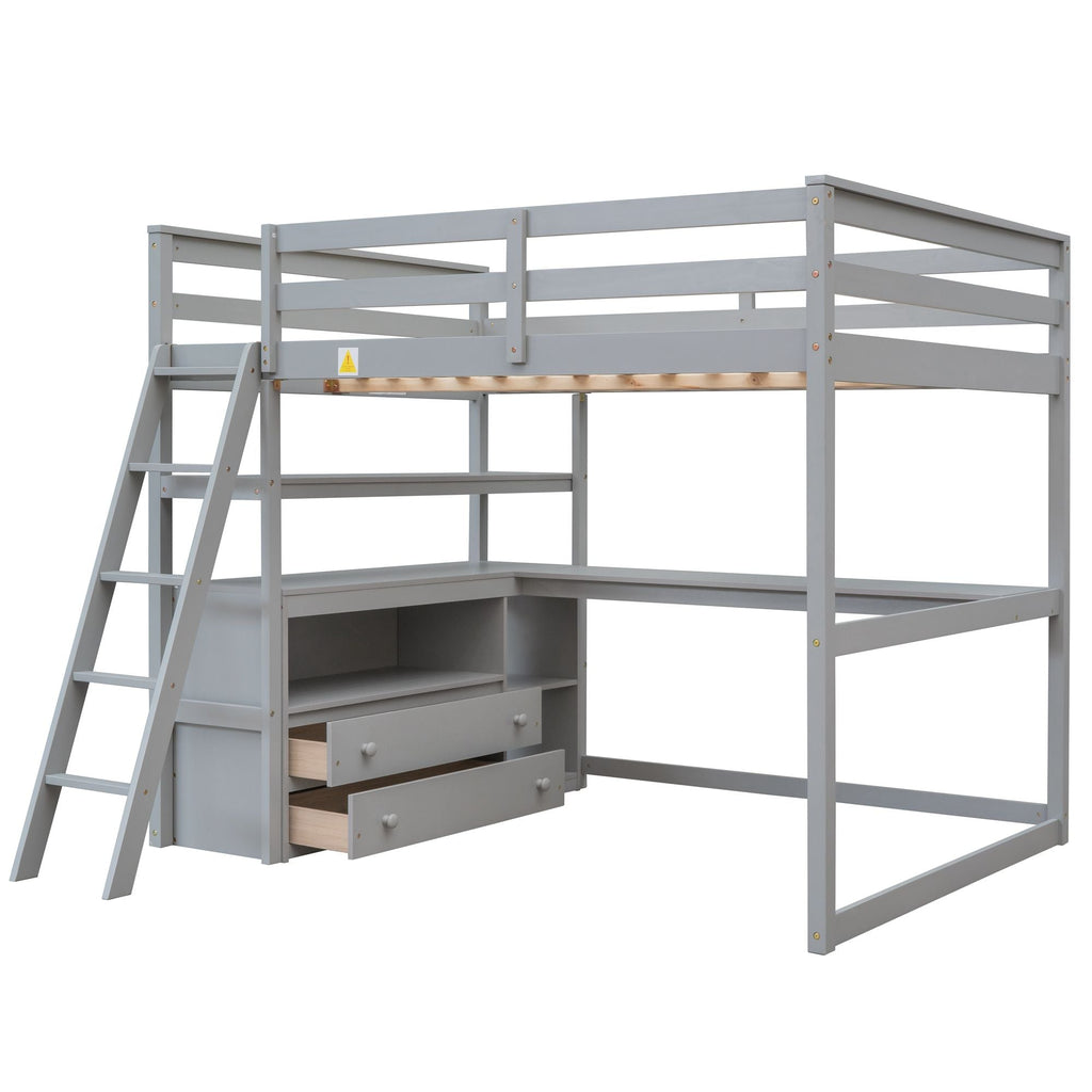 Modern Loft Bed With Built In Desk, Shelves, And 2 Drawers