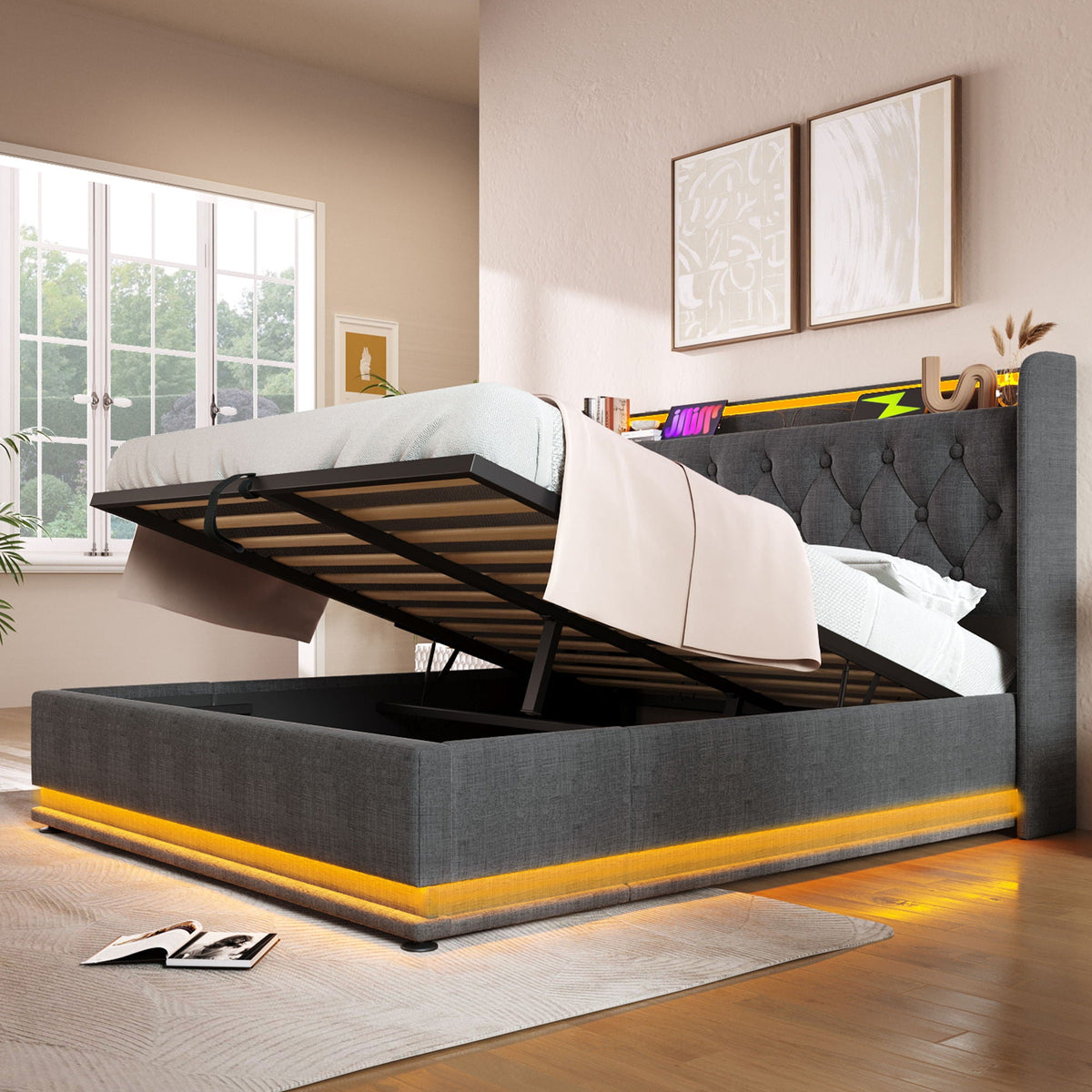 Upholstered Bed, 360 Surround LED Function, Remote Control, Hydraulic Storage Bed With USB, Type-C Charging (Without Mattress)