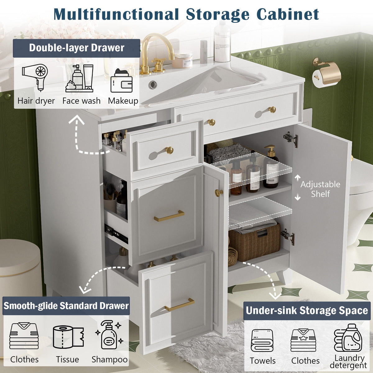 Bathroom Vanity With Sink, Soft Close Doors, Adjustable Shelves