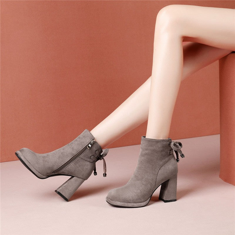 Women's Suede Chunky Heel Ankle Boots – Round Toe Back Zip