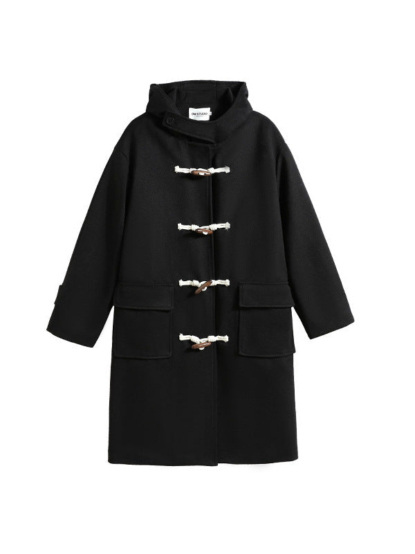 Long Black Toggle Button Wool Coat Women's Woolen Coat